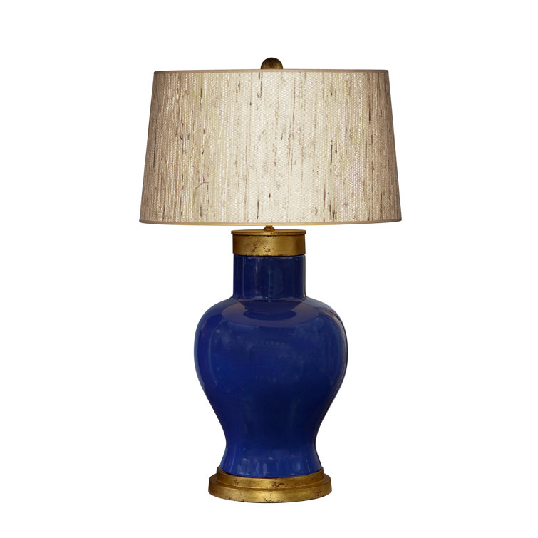 Blue Ceramic Table Lamp with Seagrass Shade