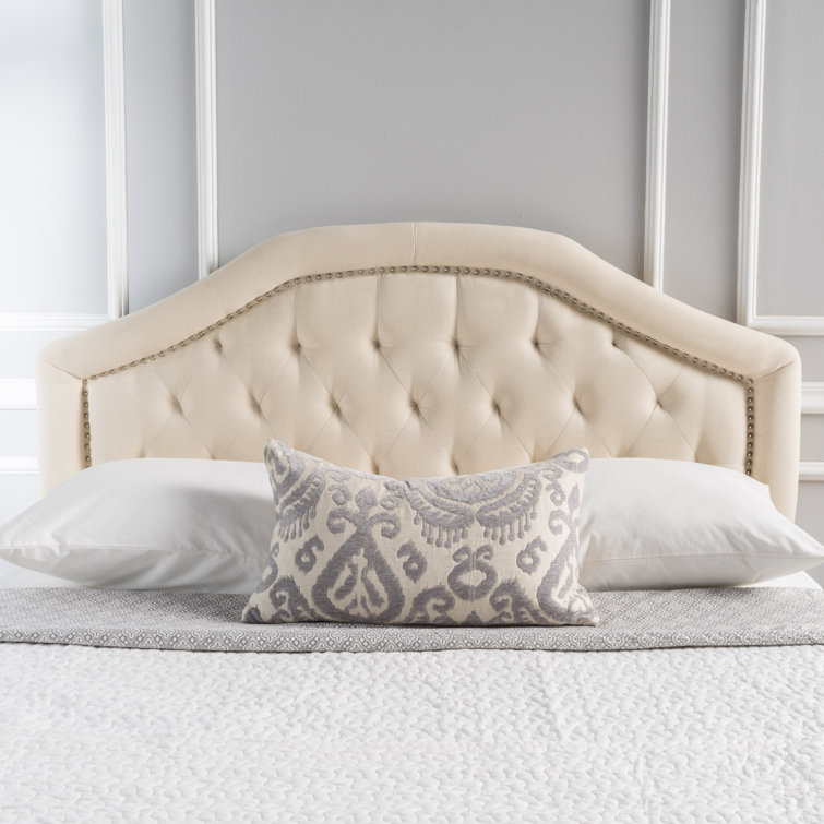 Beige Full Camelback Tufted Upholstered Headboard with Nailhead Trim