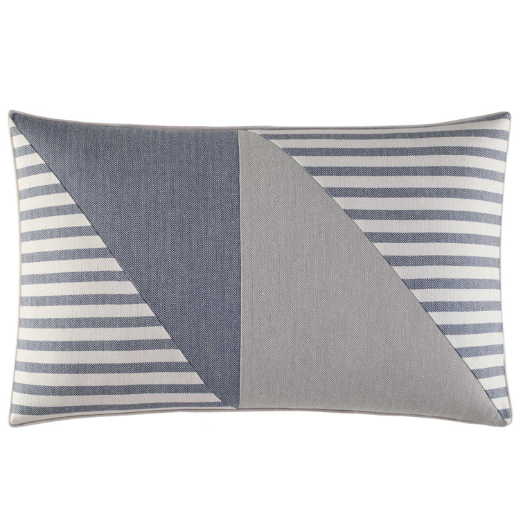 Medium Blue and Gray Embroidered Rectangular Throw Pillow