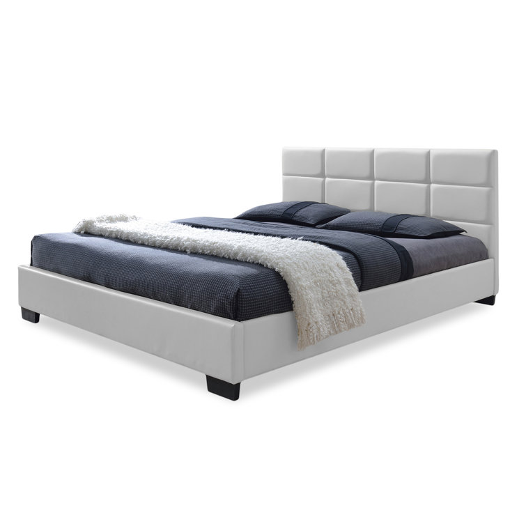 White Queen Faux Leather Upholstered Platform Bed with Tufted Headboard