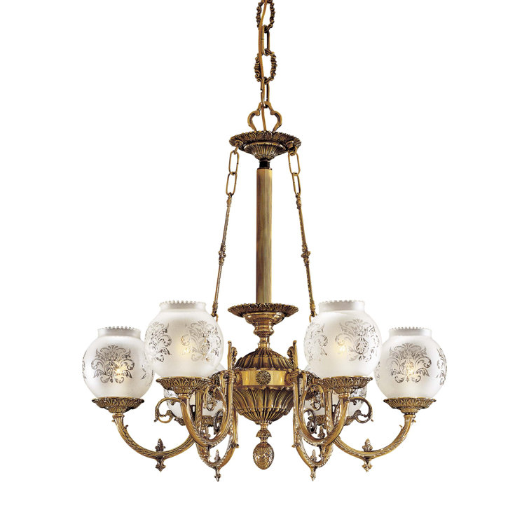 Antique Brass 6-Light Chandelier with Frosted Glass Shades