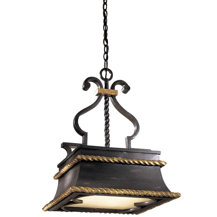 French Black and Gold Leaf 3-Light Pendant with Scavo Glass