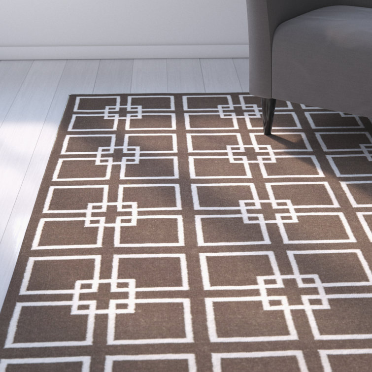 Ivory Geometric Square Wool & Silk Handwoven Rug - 95"