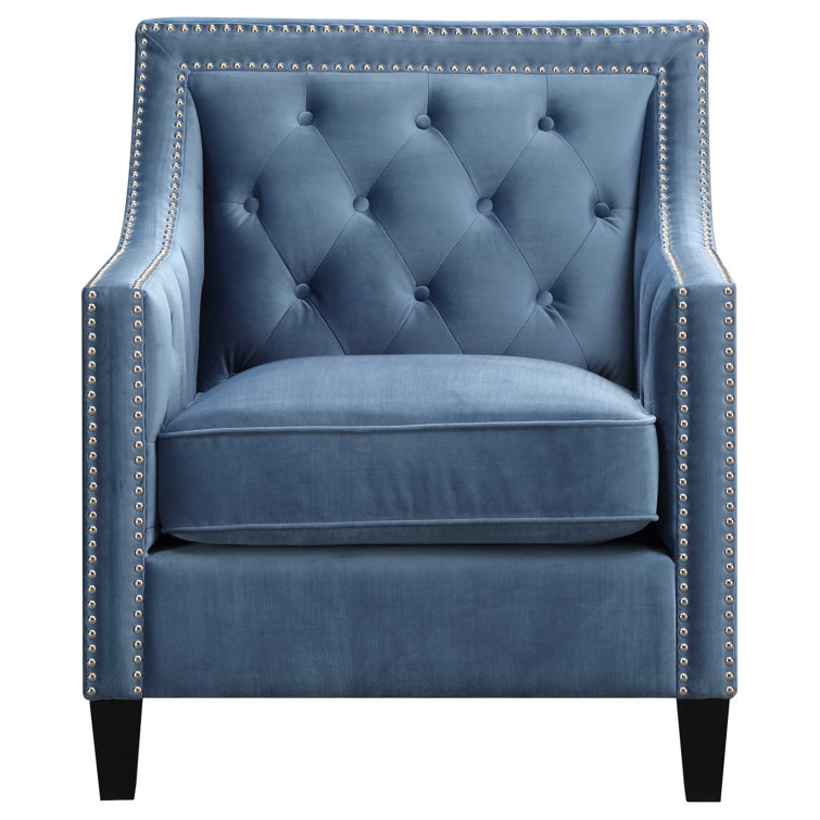 Marine Blue Velvet Square-Arm Accent Chair with Silver Nailhead Trim