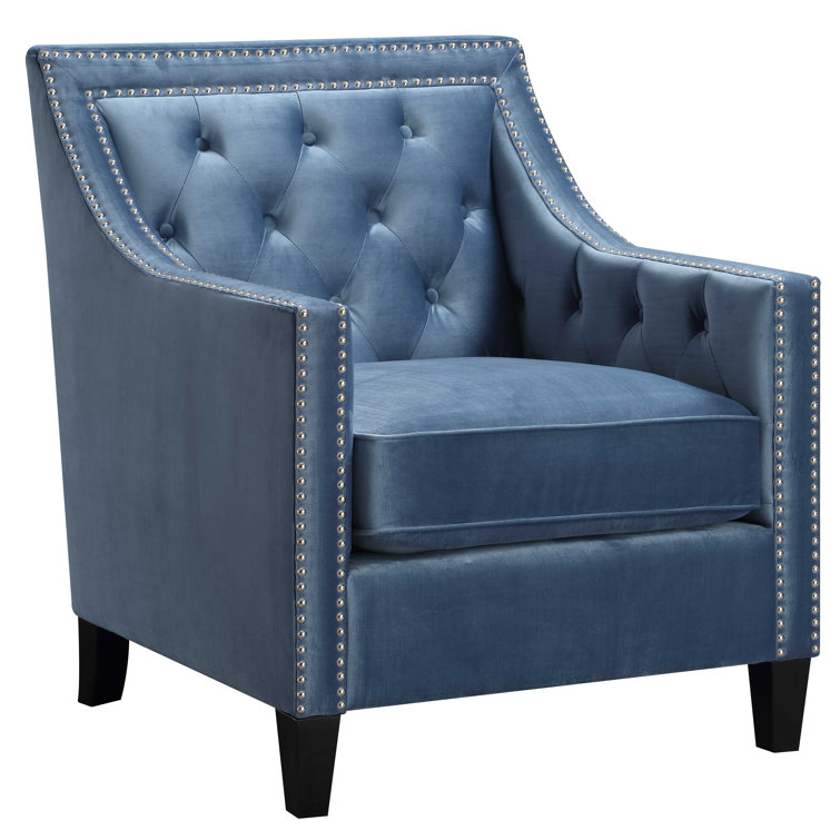 Marine Blue Velvet Square-Arm Accent Chair with Silver Nailhead Trim