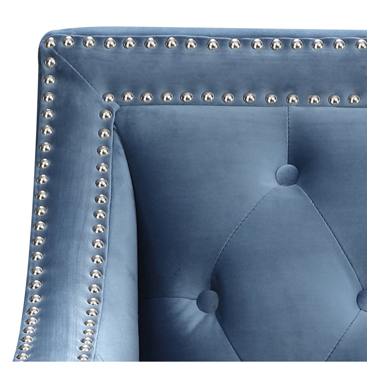 Marine Blue Velvet Square-Arm Accent Chair with Silver Nailhead Trim