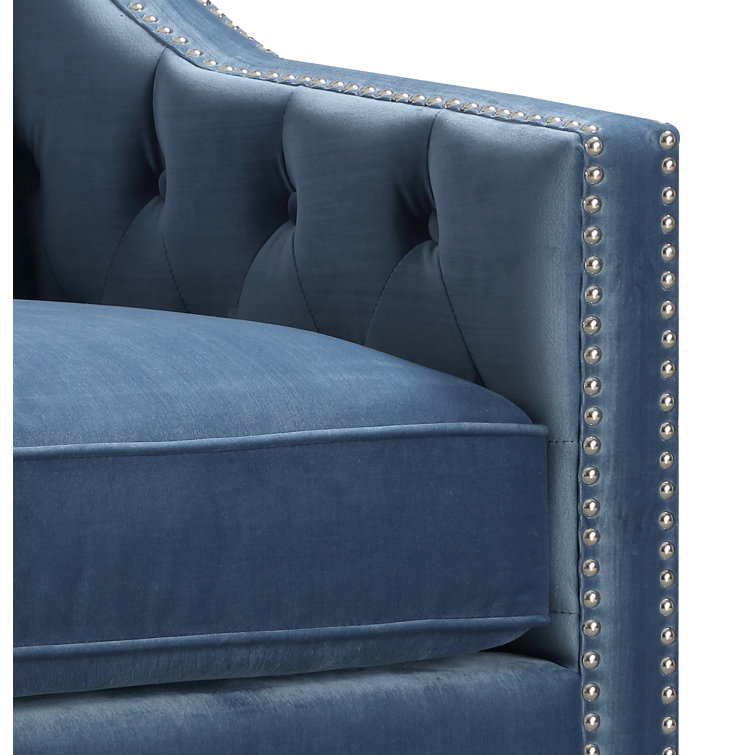 Marine Blue Velvet Square-Arm Accent Chair with Silver Nailhead Trim