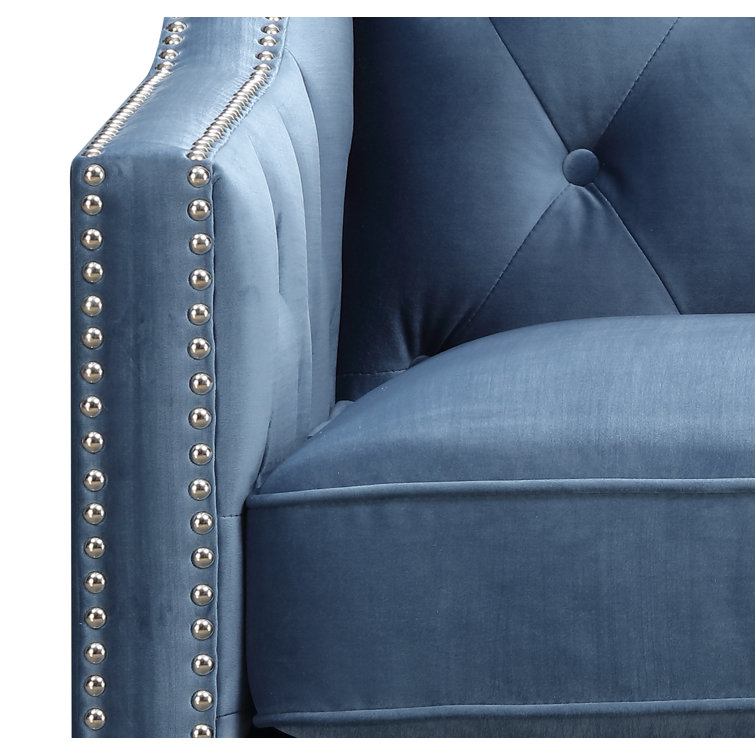 Marine Blue Velvet Square-Arm Accent Chair with Silver Nailhead Trim