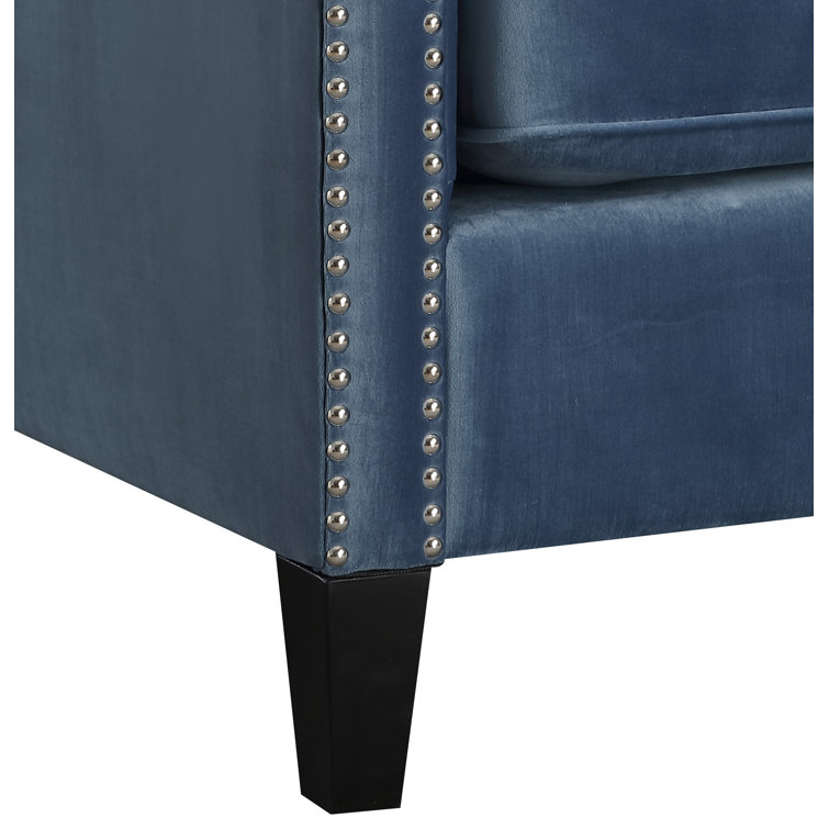 Marine Blue Velvet Square-Arm Accent Chair with Silver Nailhead Trim