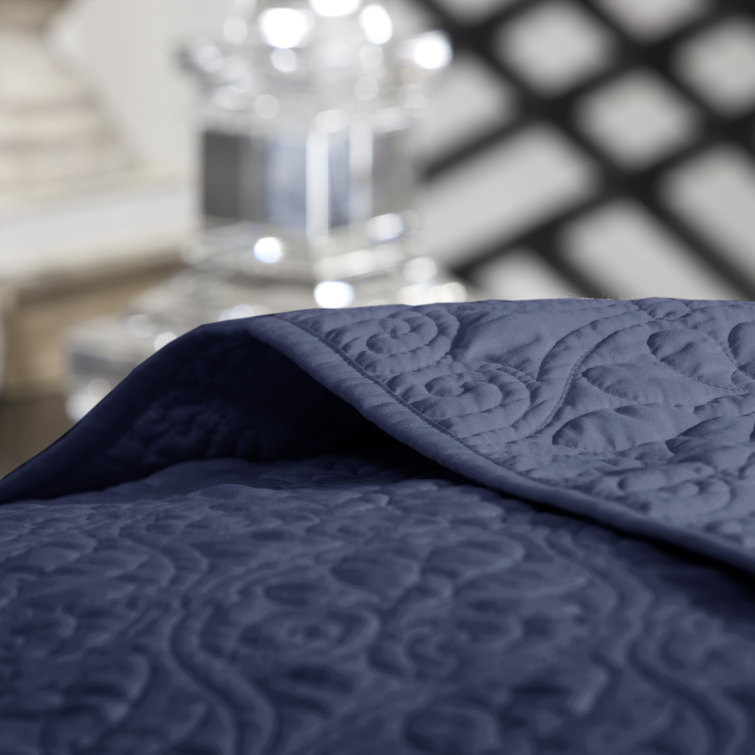 Navy King-Size Reversible Microfiber Bedspread Set with Classic Stitch
