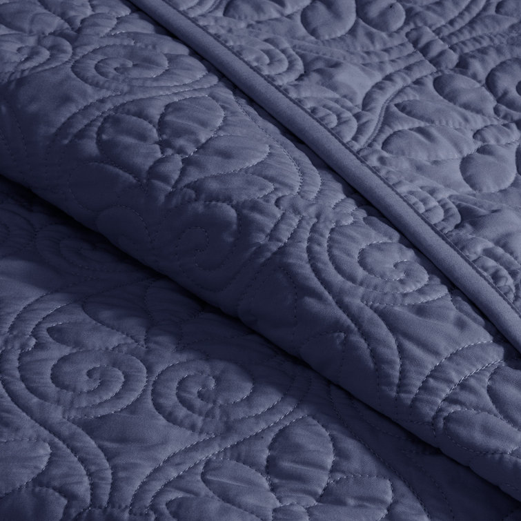 Navy King-Size Reversible Microfiber Bedspread Set with Classic Stitch