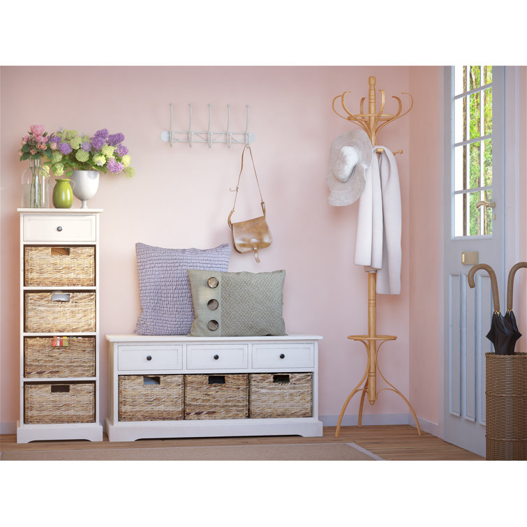 Distressed Cream Pine Storage Bench with 3 Drawers & Wicker Baskets