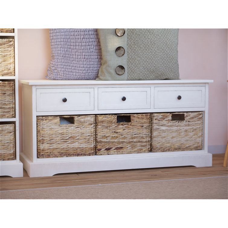 Distressed Cream Pine Storage Bench with 3 Drawers & Wicker Baskets