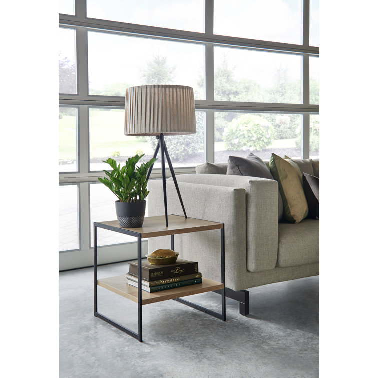 Natural Wood and Black Metal Square Side Table with Storage Shelf