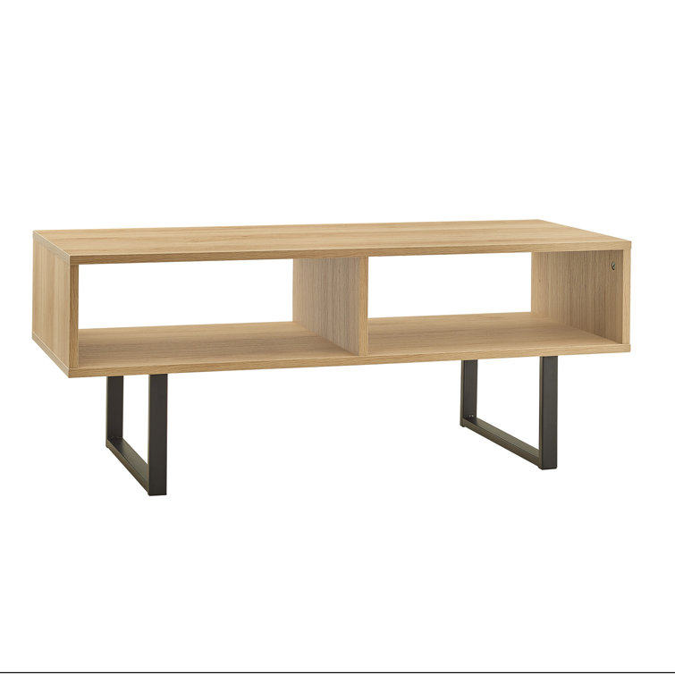 Natural MDF Rectangular Coffee Table with Black Metal Sled Base and Storage