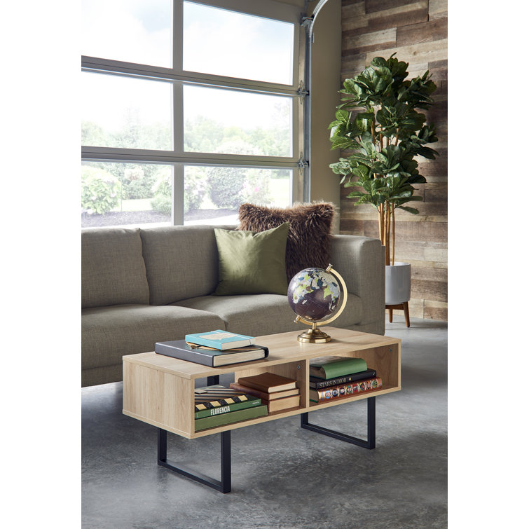 Natural MDF Rectangular Coffee Table with Black Metal Sled Base and Storage