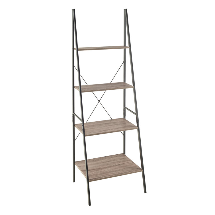 Weathered Gray 4-Tier Wood and Metal Ladder Shelf