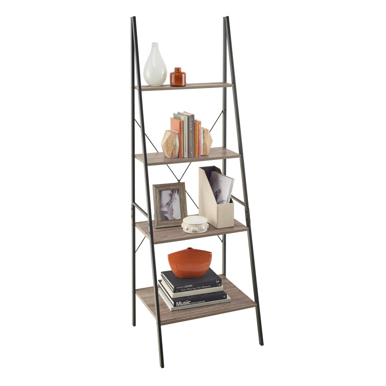 Weathered Gray 4-Tier Wood and Metal Ladder Shelf