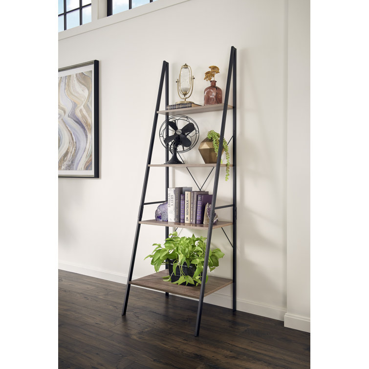 Weathered Gray 4-Tier Wood and Metal Ladder Shelf