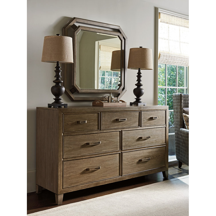 Transitional Gray-Brown 42" Square Wood Dresser Mirror with Silver Accents