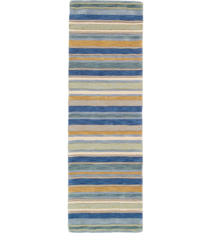 Handmade Blue and Beige Wool Striped Runner Rug