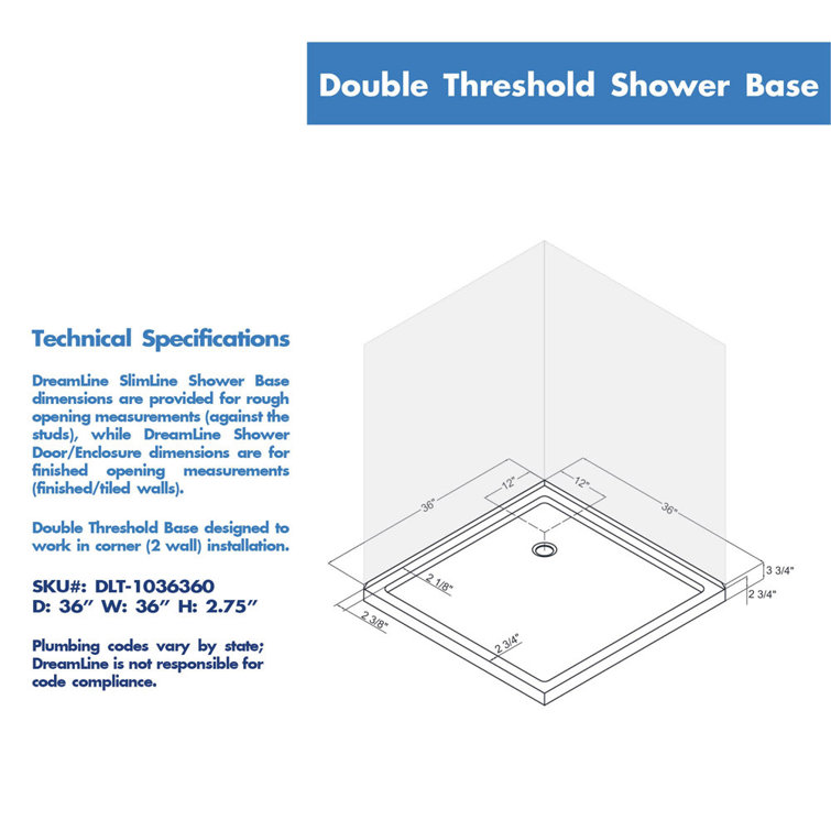 Black Acrylic 36" Square Double Threshold Shower Base