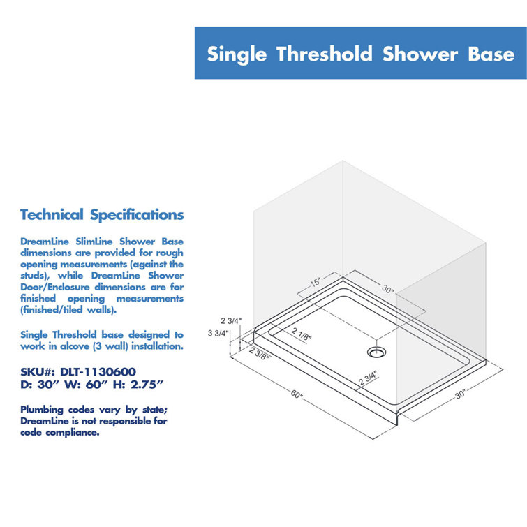 SlimLine 60" x 34" Black Acrylic Shower Base with Center Drain