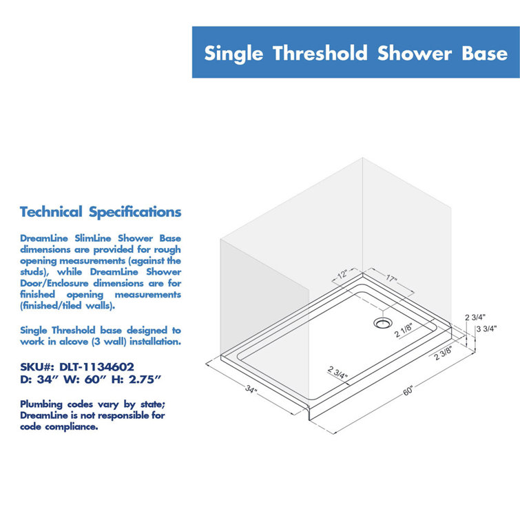 SlimLine 60" x 34" White Acrylic Single Threshold Shower Base