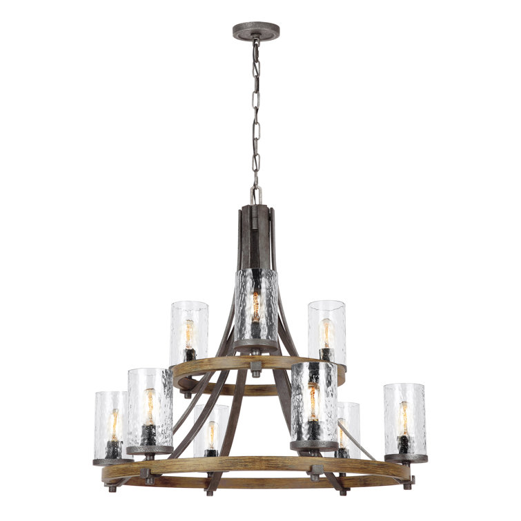 Distressed Weathered Oak and Slate Gray Metal 9-Light Tiered Chandelier