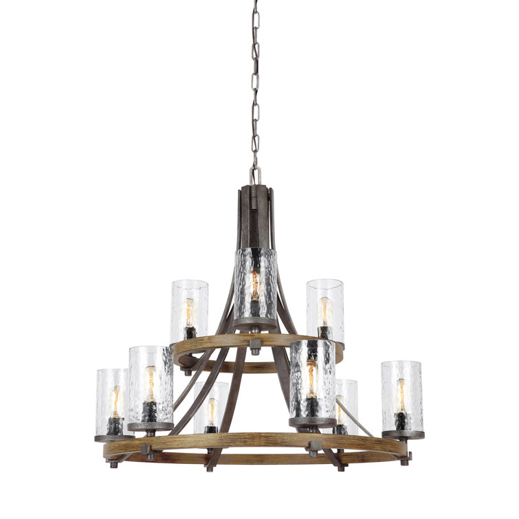 Distressed Weathered Oak and Slate Gray Metal 9-Light Tiered Chandelier