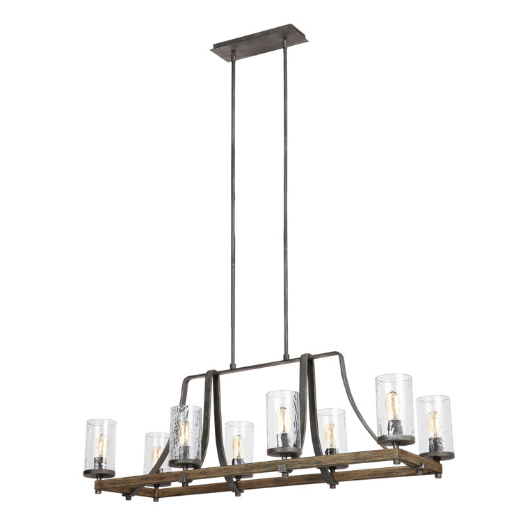 Rustic 8-Light Linear Chandelier in Distressed Weathered Oak and Slate Grey Metal