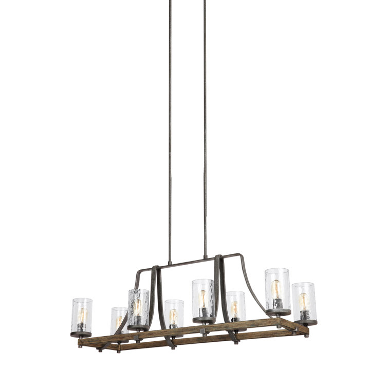 Rustic 8-Light Linear Chandelier in Distressed Weathered Oak and Slate Grey Metal