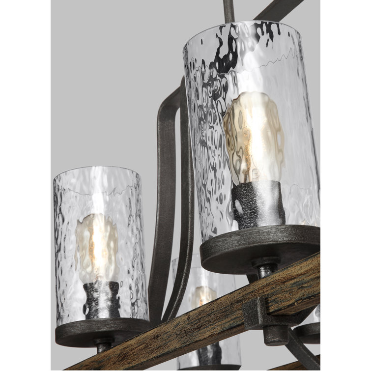 Rustic 8-Light Linear Chandelier in Distressed Weathered Oak and Slate Grey Metal