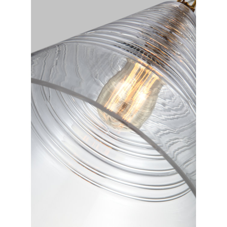 Burnished Brass Ribbed Glass Single Cone Pendant Light