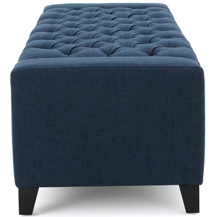 Dark Blue Tufted Fabric Storage Ottoman with Birch Legs