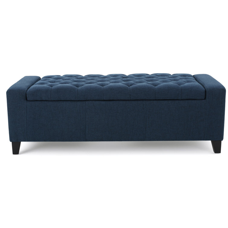 Dark Blue Tufted Fabric Storage Ottoman with Birch Legs