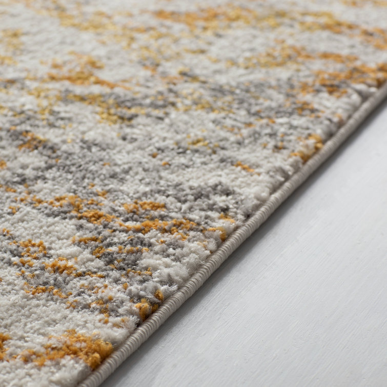 Ivory and Orange Damask Low Pile Runner Rug