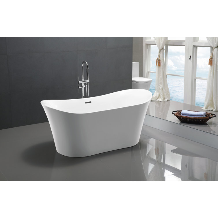 67-Inch White Acrylic Freestanding Soaking Bathtub with Polished Chrome Overflow