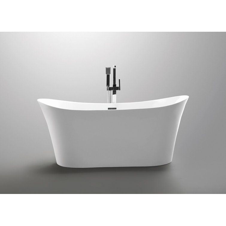 67-Inch White Acrylic Freestanding Soaking Bathtub with Polished Chrome Overflow