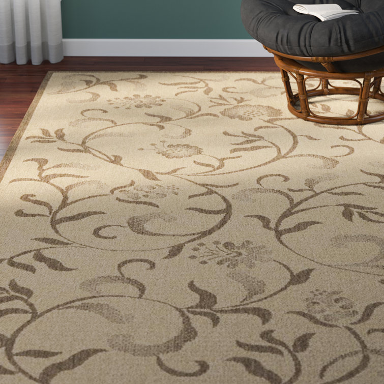 Cream and Brown Floral Rectangular Indoor/Outdoor Rug