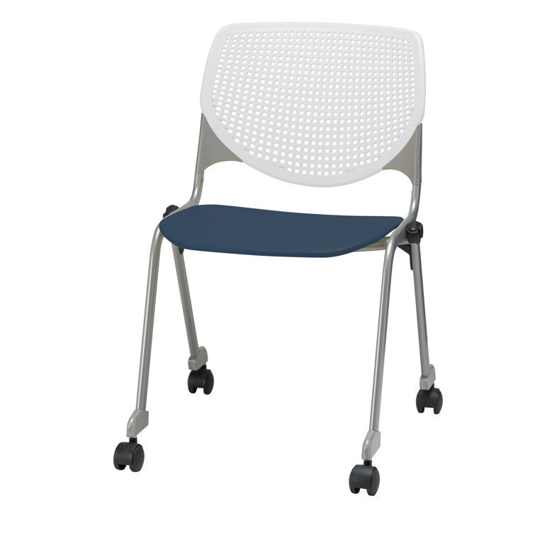 Navy and White Armless Metal Stacking Chair with Casters