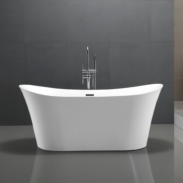 67-Inch White Acrylic Freestanding Soaking Bathtub with Polished Chrome Overflow