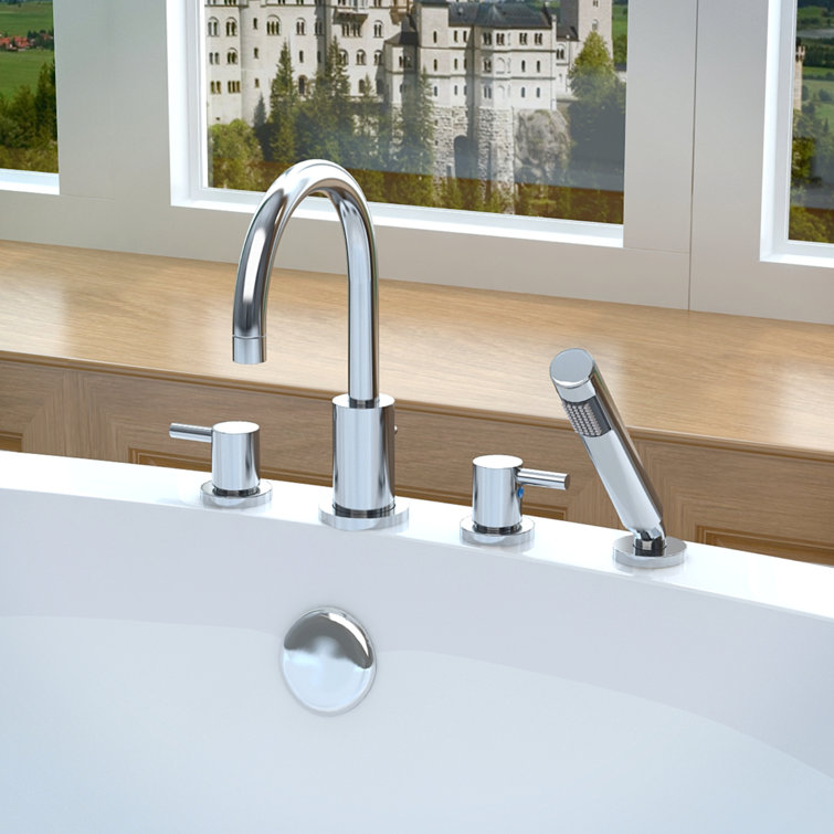 Polished Chrome 2-Handle Deck Mount Roman Tub Faucet with Handheld Sprayer