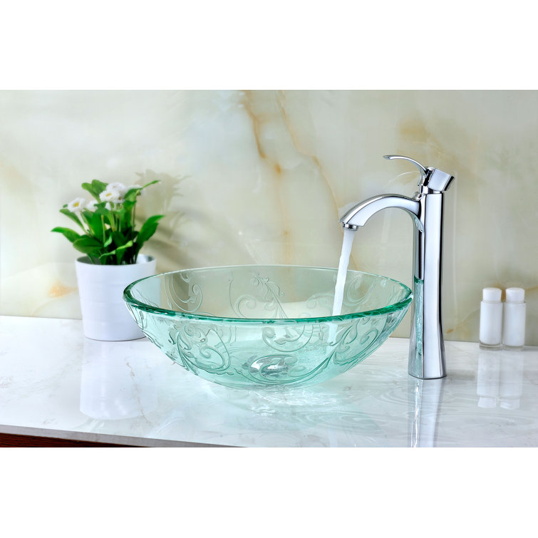 Vieno 16.5'' Clear Floral Etched Glass Vessel Sink