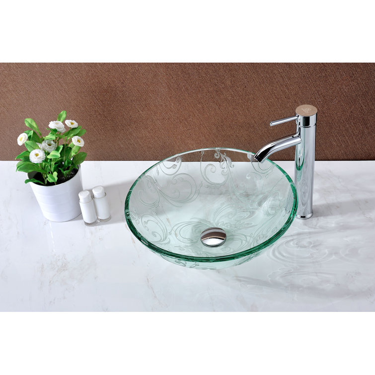 Vieno 16.5'' Clear Floral Etched Glass Vessel Sink