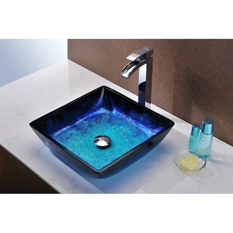 Blazing Blue Tempered Glass Square Above-Counter Vessel Sink