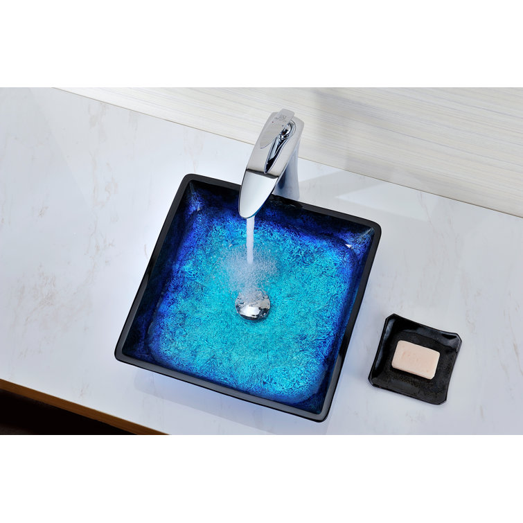 Blazing Blue Tempered Glass Square Above-Counter Vessel Sink