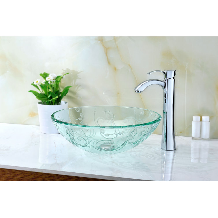 Vieno 16.5'' Clear Floral Etched Glass Vessel Sink
