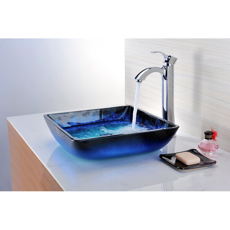 Blazing Blue Tempered Glass Square Above-Counter Vessel Sink