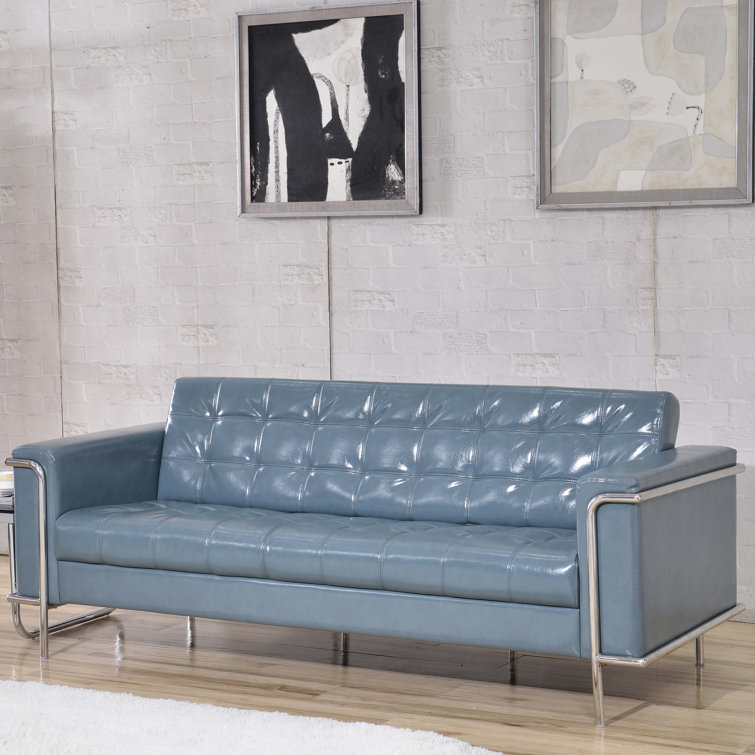 Modern Gray Faux Leather Tufted Sofa with Metal Frame
